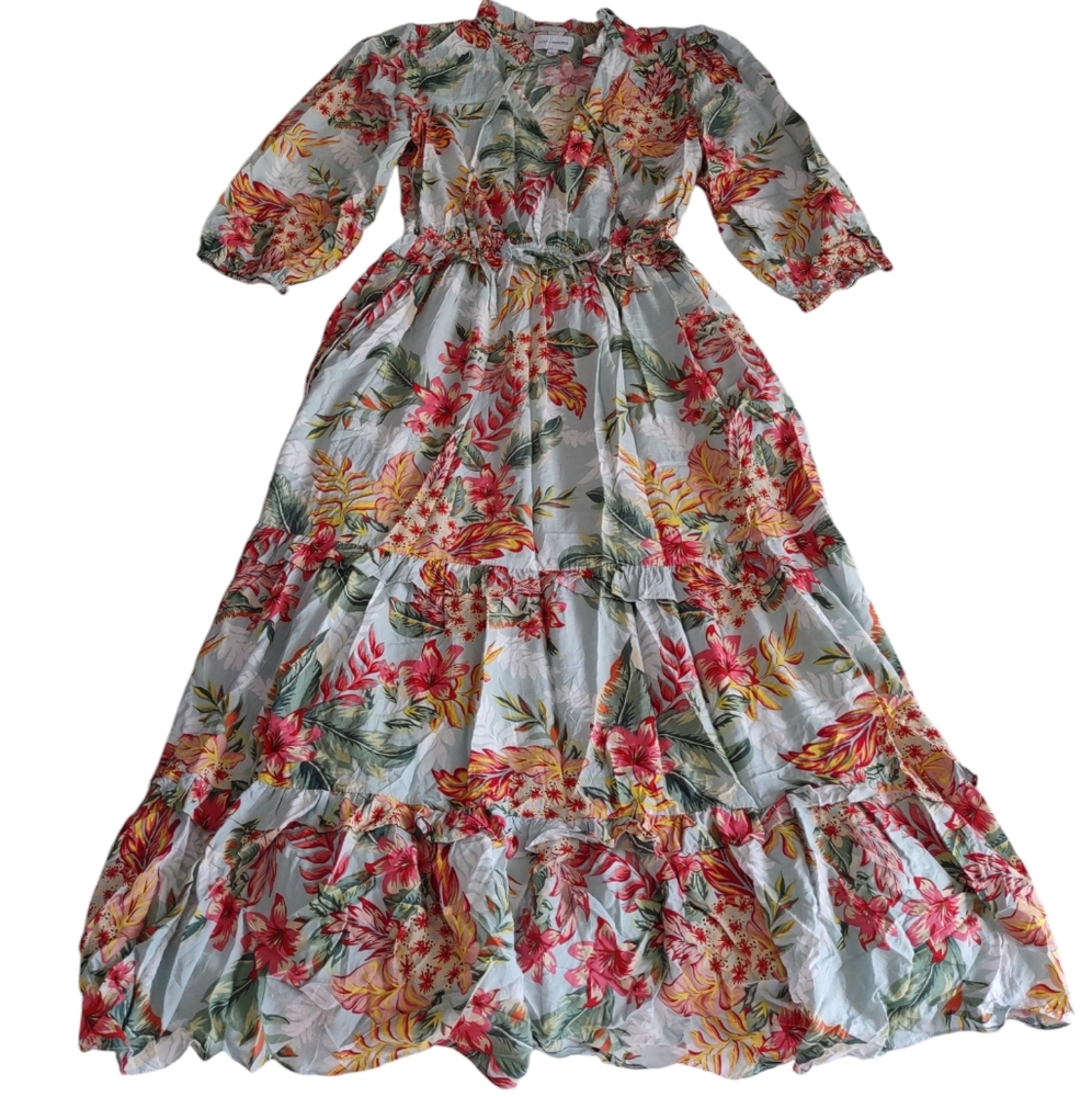 Lost + Wander Midi Floral Womens Tiered Dress Size Small Tropical Pink Blue